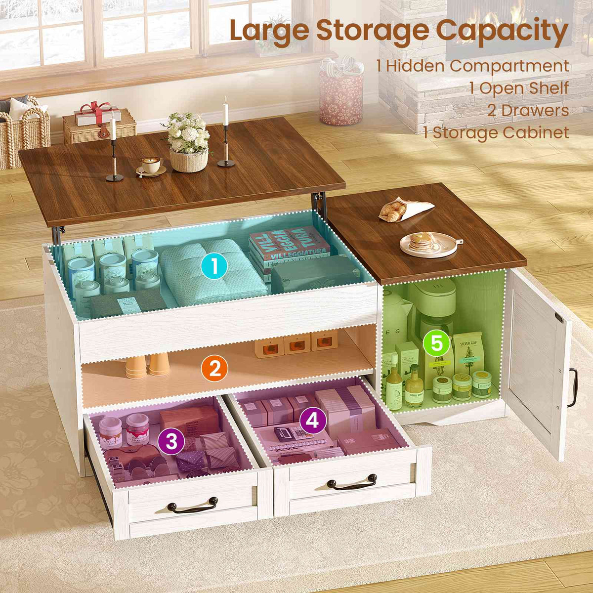 Itaar | 39.4 Inch Farmhouse Lift Top Coffee Table with 2 Drawer Storage Cabinet