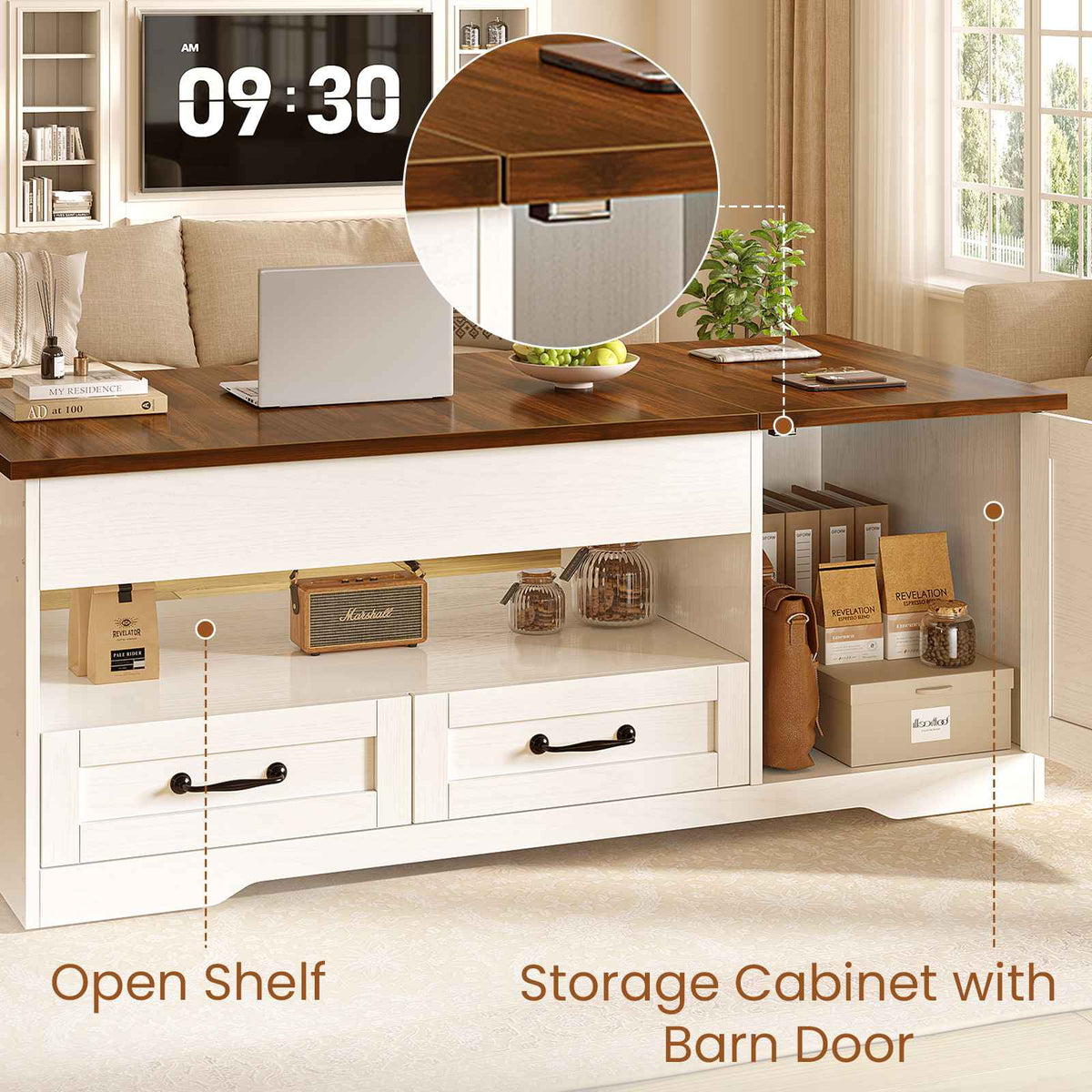 Itaar | 39.4 Inch Farmhouse Lift Top Coffee Table with 2 Drawer Storage Cabinet