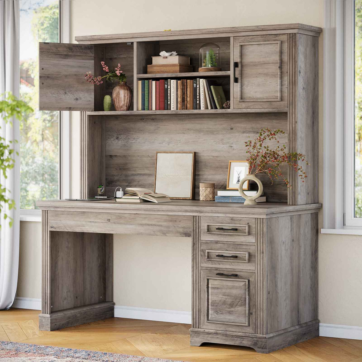 Itaar | 47.2 Inch Farmhouse Computer Desk with Hutch and 3 Drawers