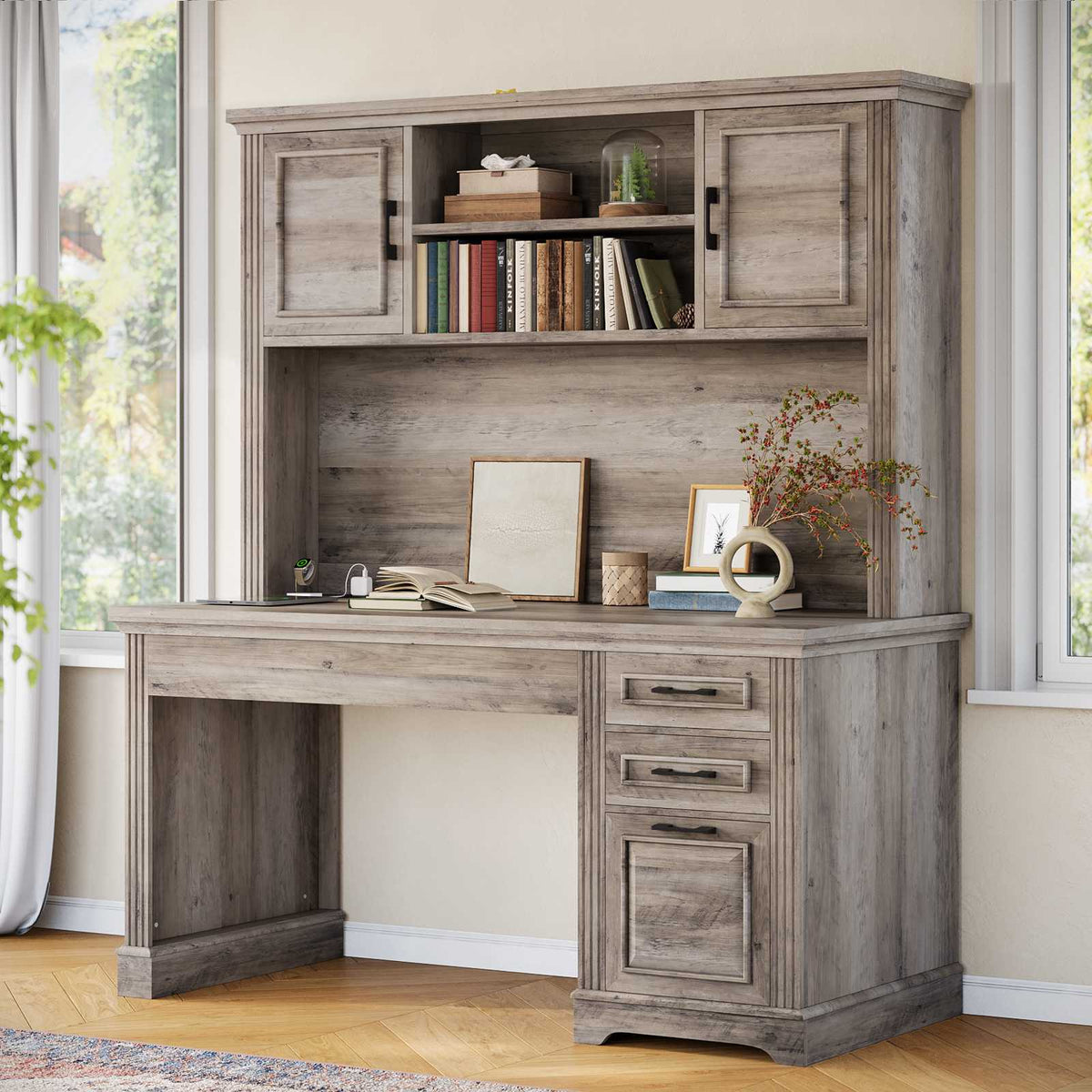 Itaar | 47.2 Inch Farmhouse Computer Desk with Hutch and 3 Drawers