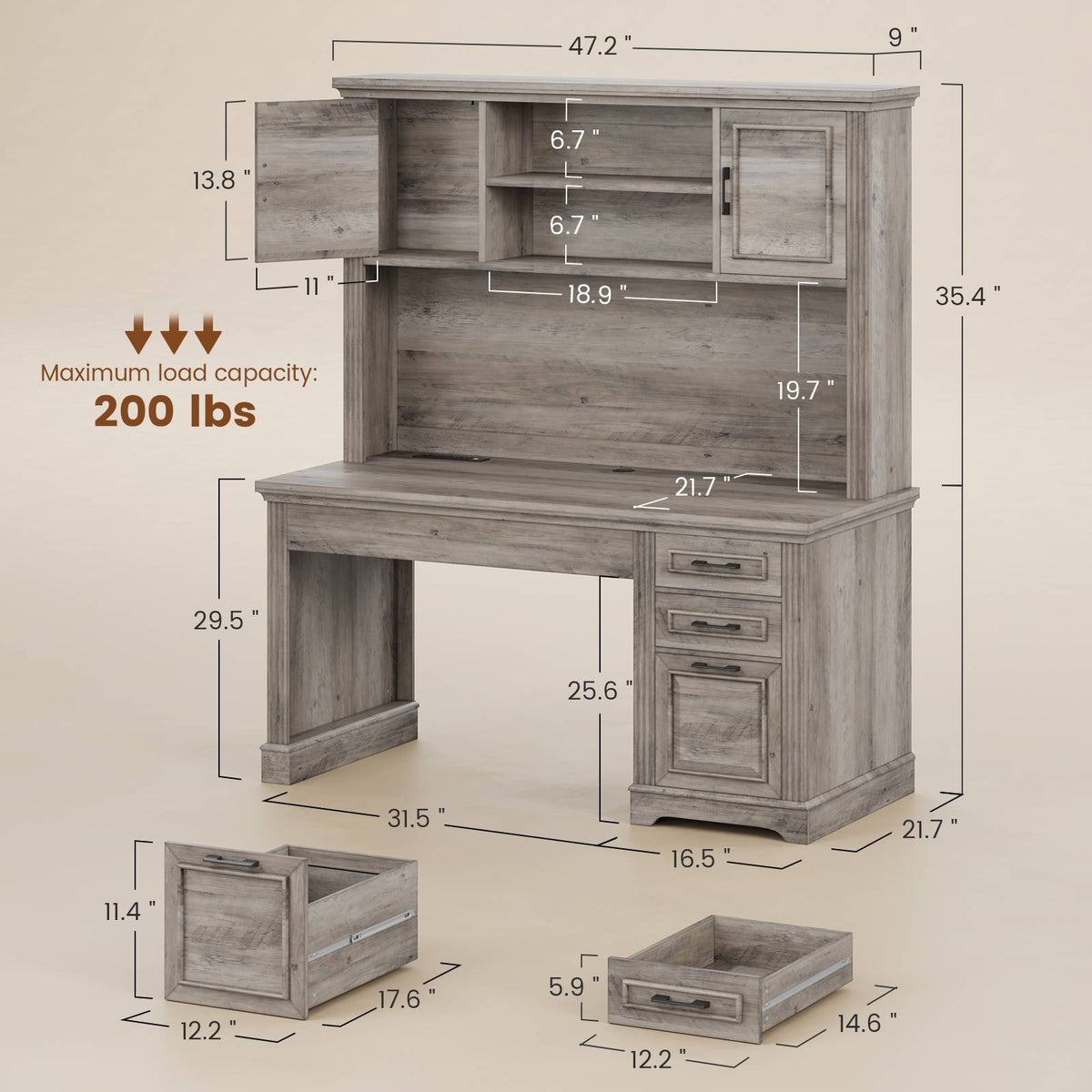 Itaar | 47.2 Inch Farmhouse Computer Desk with Hutch and 3 Drawers