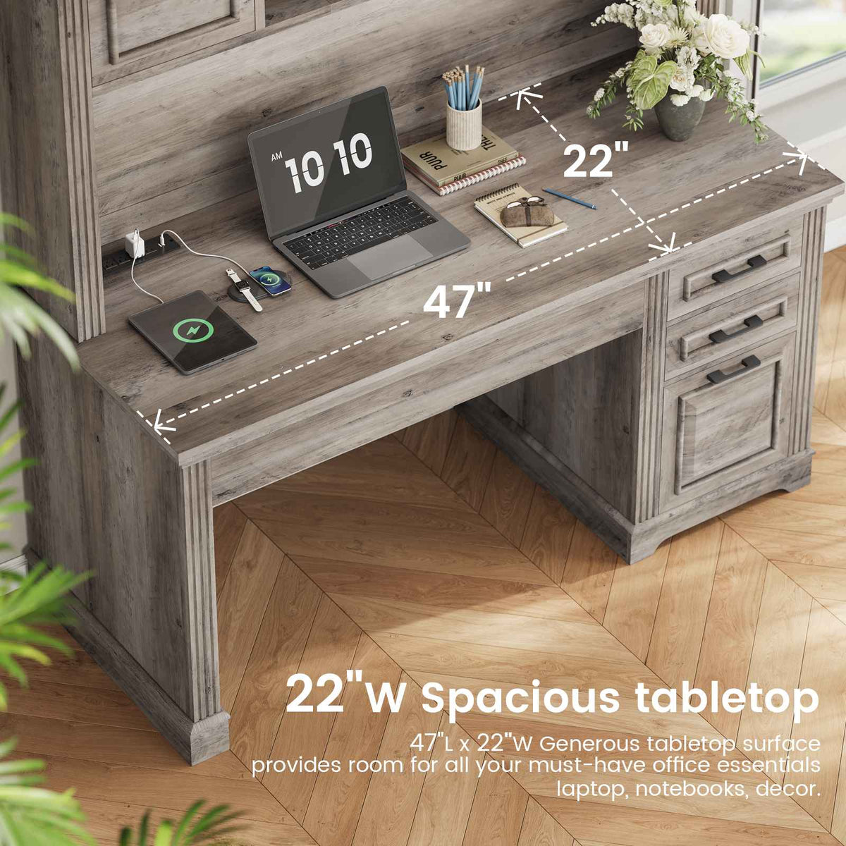 Itaar | 47.2 Inch Farmhouse Computer Desk with Hutch and 3 Drawers