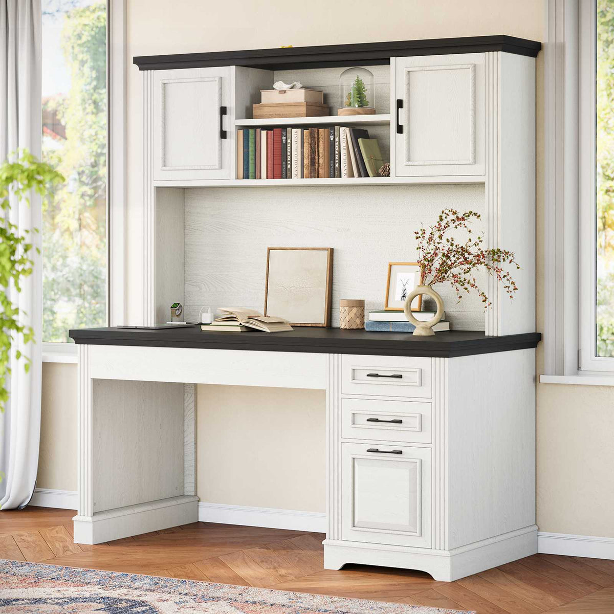 Itaar | 47.2 Inch Farmhouse Computer Desk with Hutch and 3 Drawers