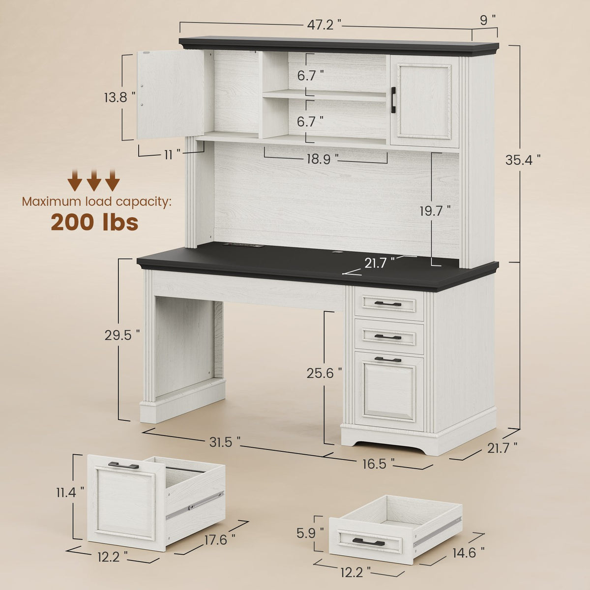Itaar | 47.2 Inch Farmhouse Computer Desk with Hutch and 3 Drawers