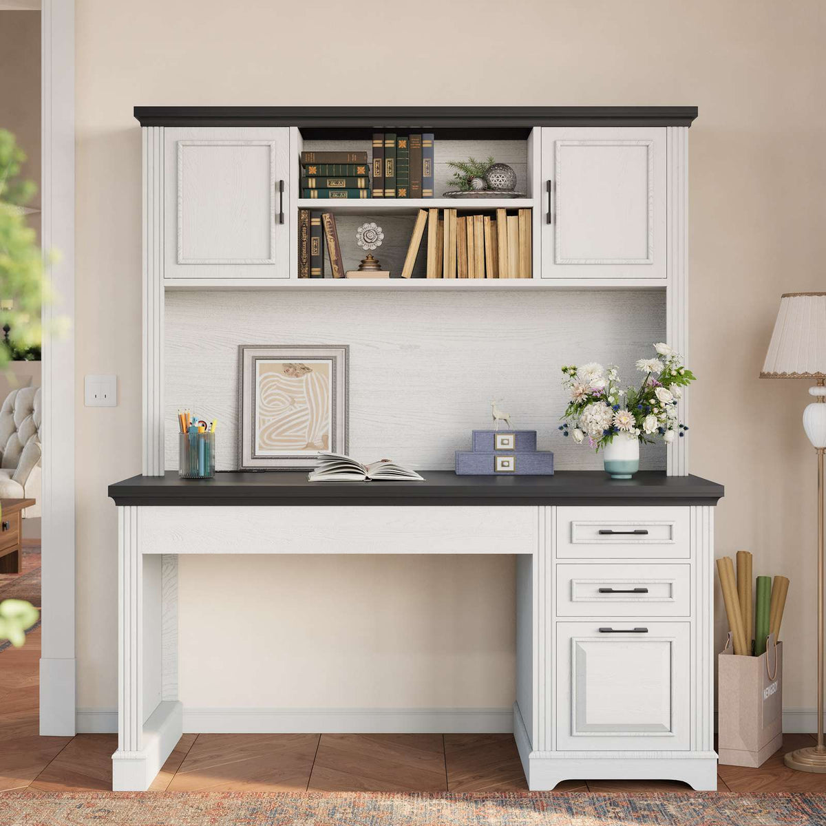 Itaar | 47.2 Inch Farmhouse Computer Desk with Hutch and 3 Drawers