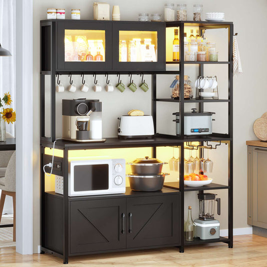 Itaar | Bakers Rack with Power Outlet and LED Light 45.3 Inch Farmhouse Coffee Bar Cabinet Kitchen Microwave Stand with Storage