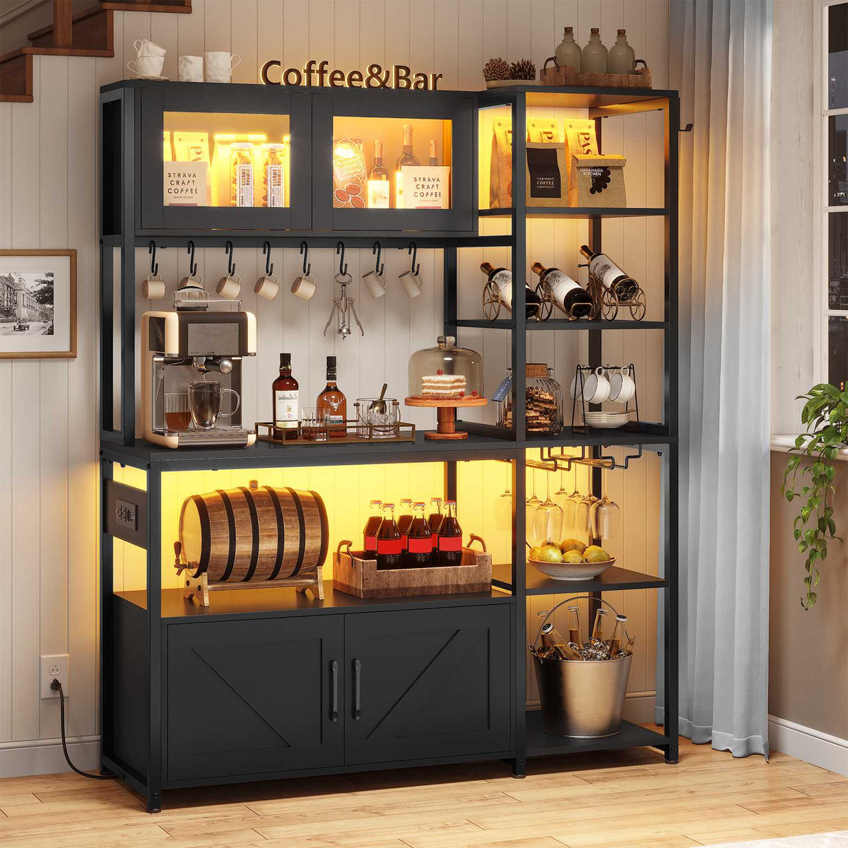 Itaar | Bakers Rack with Power Outlet and LED Light 45.3 Inch Farmhouse Coffee Bar Cabinet Kitchen Microwave Stand with Storage