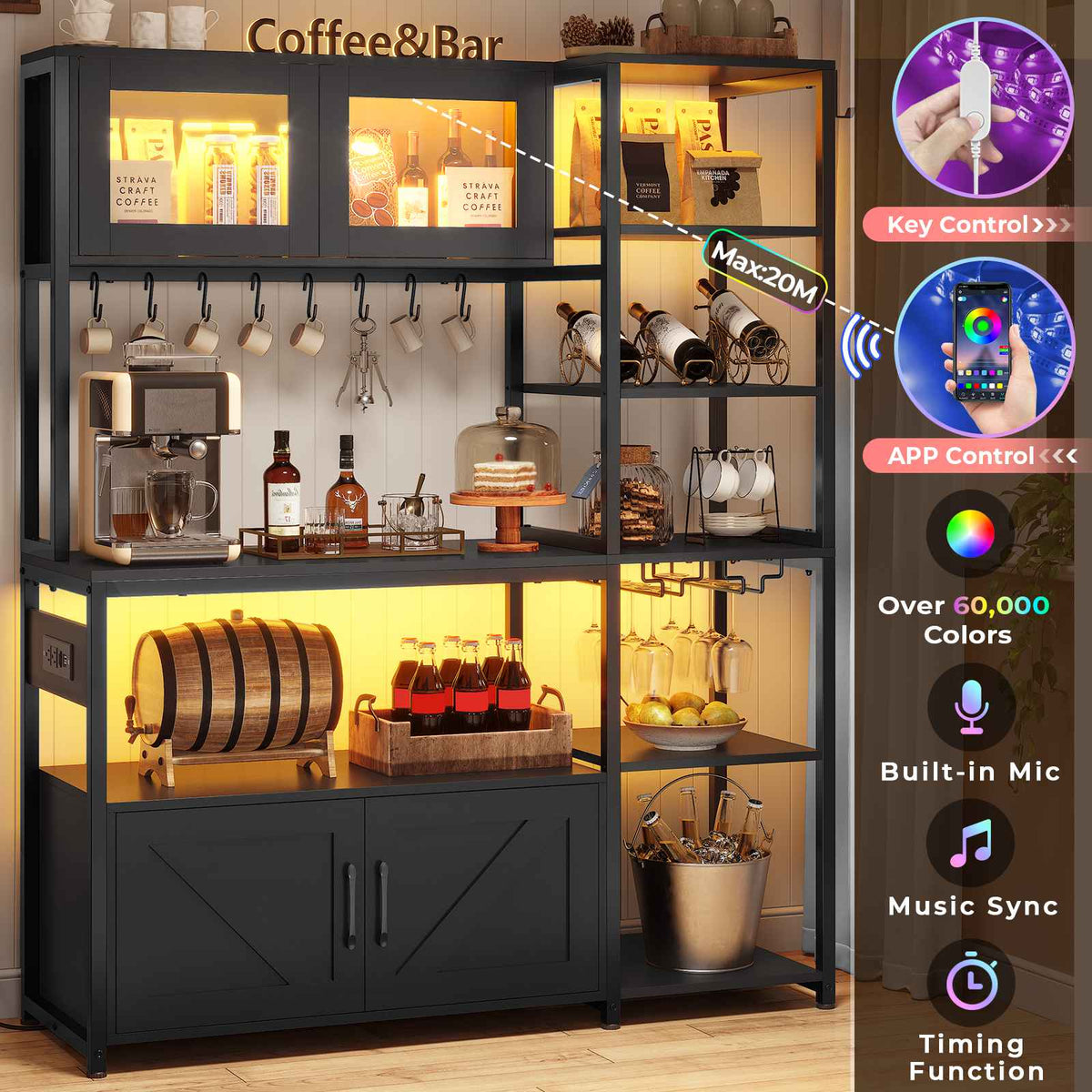 Itaar | Bakers Rack with Power Outlet and LED Light 45.3 Inch Farmhouse Coffee Bar Cabinet Kitchen Microwave Stand with Storage