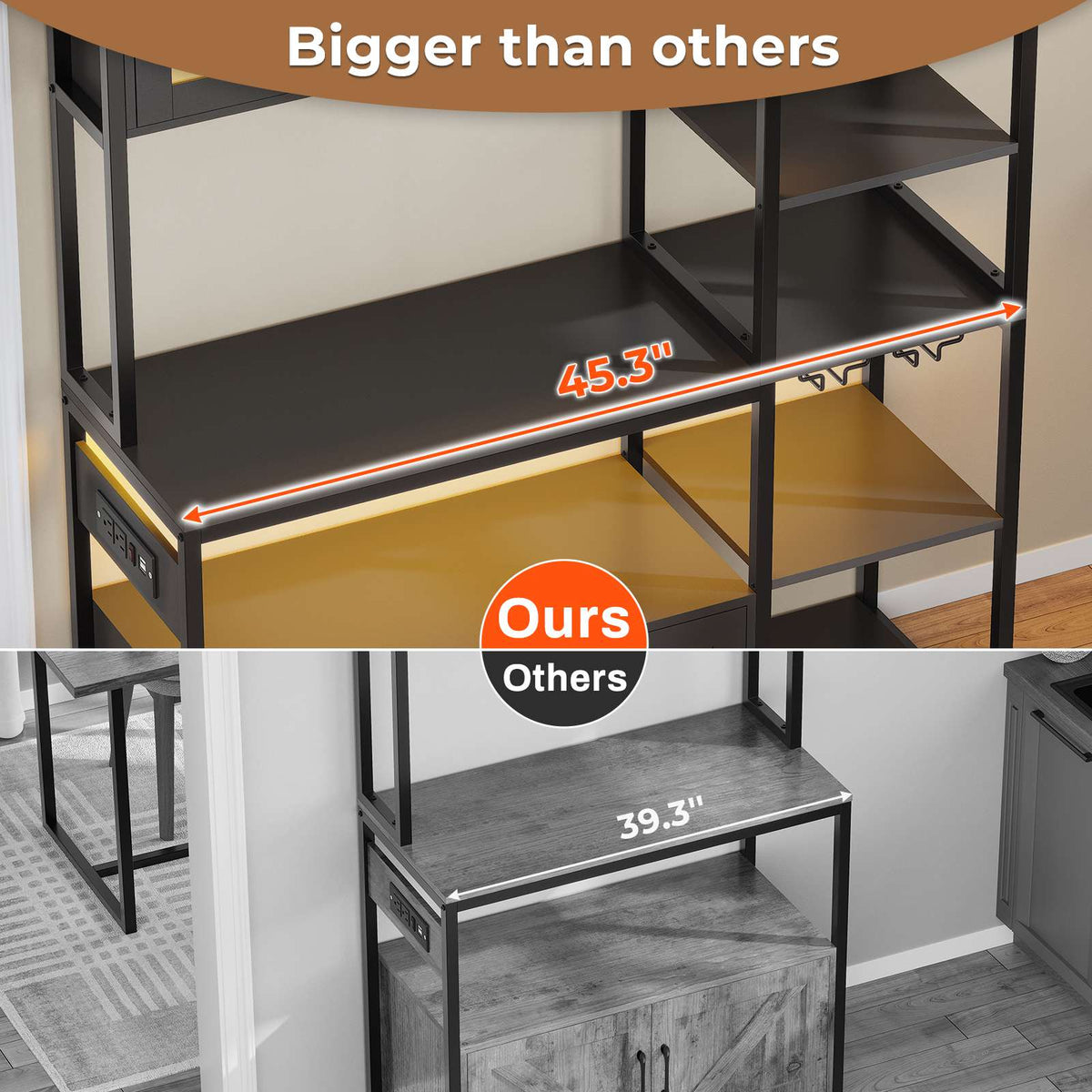 Itaar | Bakers Rack with Power Outlet and LED Light 45.3 Inch Farmhouse Coffee Bar Cabinet Kitchen Microwave Stand with Storage