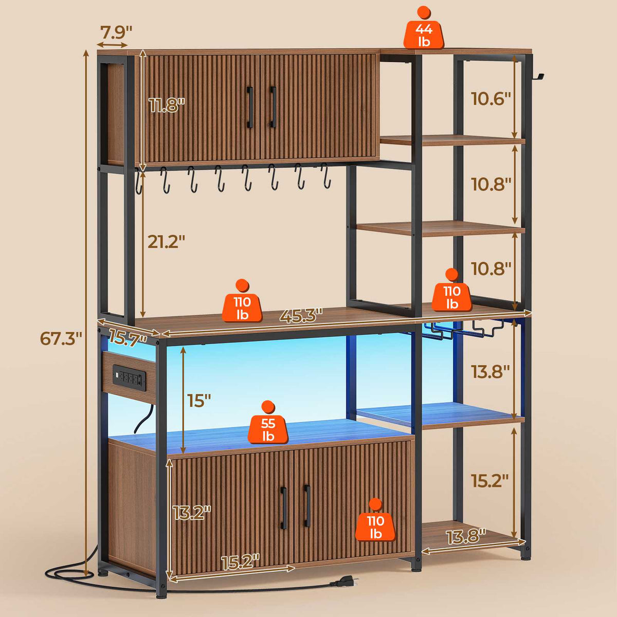 Itaar | Bakers Rack with Power Outlet and LED Light 45.3 Inch Farmhouse Coffee Bar Cabinet Kitchen Microwave Stand with Storage