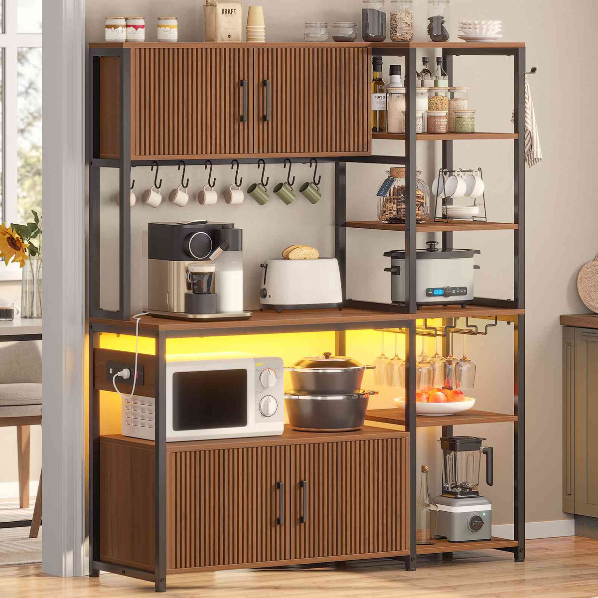 Itaar | Bakers Rack with Power Outlet and LED Light 45.3 Inch Farmhouse Coffee Bar Cabinet Kitchen Microwave Stand with Storage