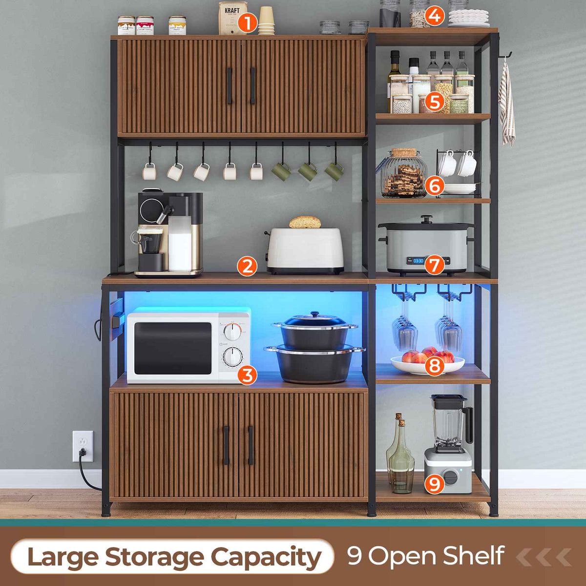 Itaar | Bakers Rack with Power Outlet and LED Light 45.3 Inch Farmhouse Coffee Bar Cabinet Kitchen Microwave Stand with Storage