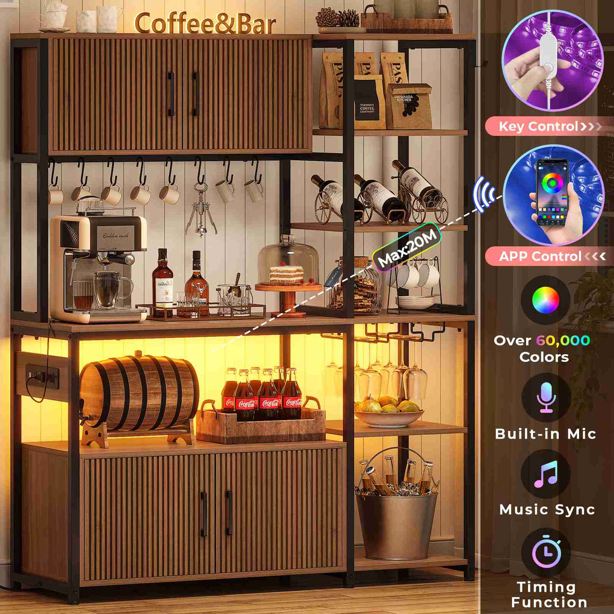 Itaar | Bakers Rack with Power Outlet and LED Light 45.3 Inch Farmhouse Coffee Bar Cabinet Kitchen Microwave Stand with Storage