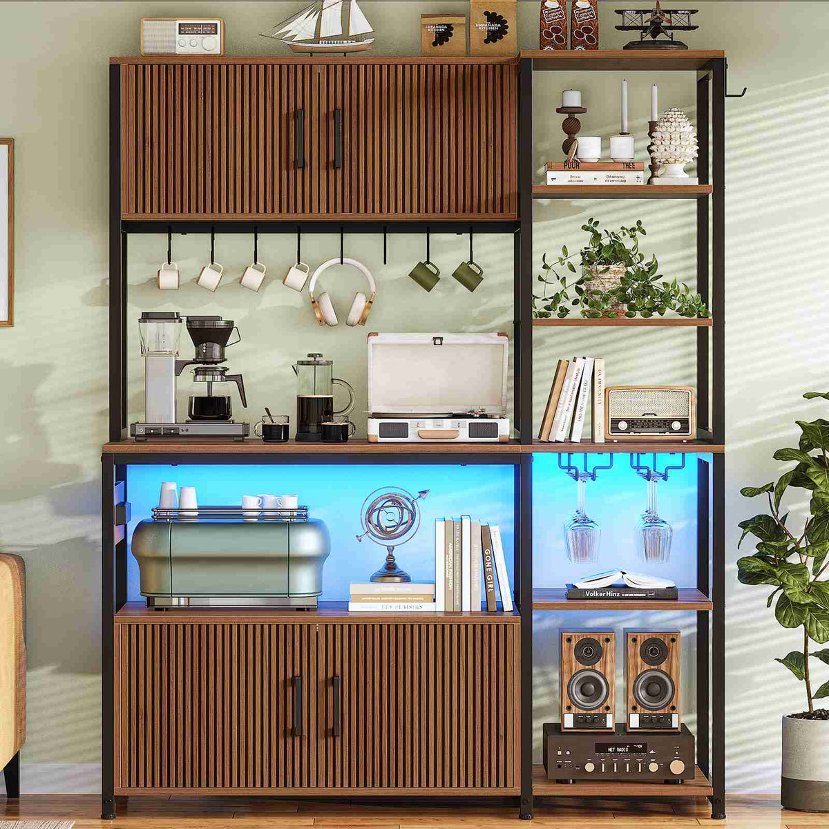 Itaar | Bakers Rack with Power Outlet and LED Light 45.3 Inch Farmhouse Coffee Bar Cabinet Kitchen Microwave Stand with Storage