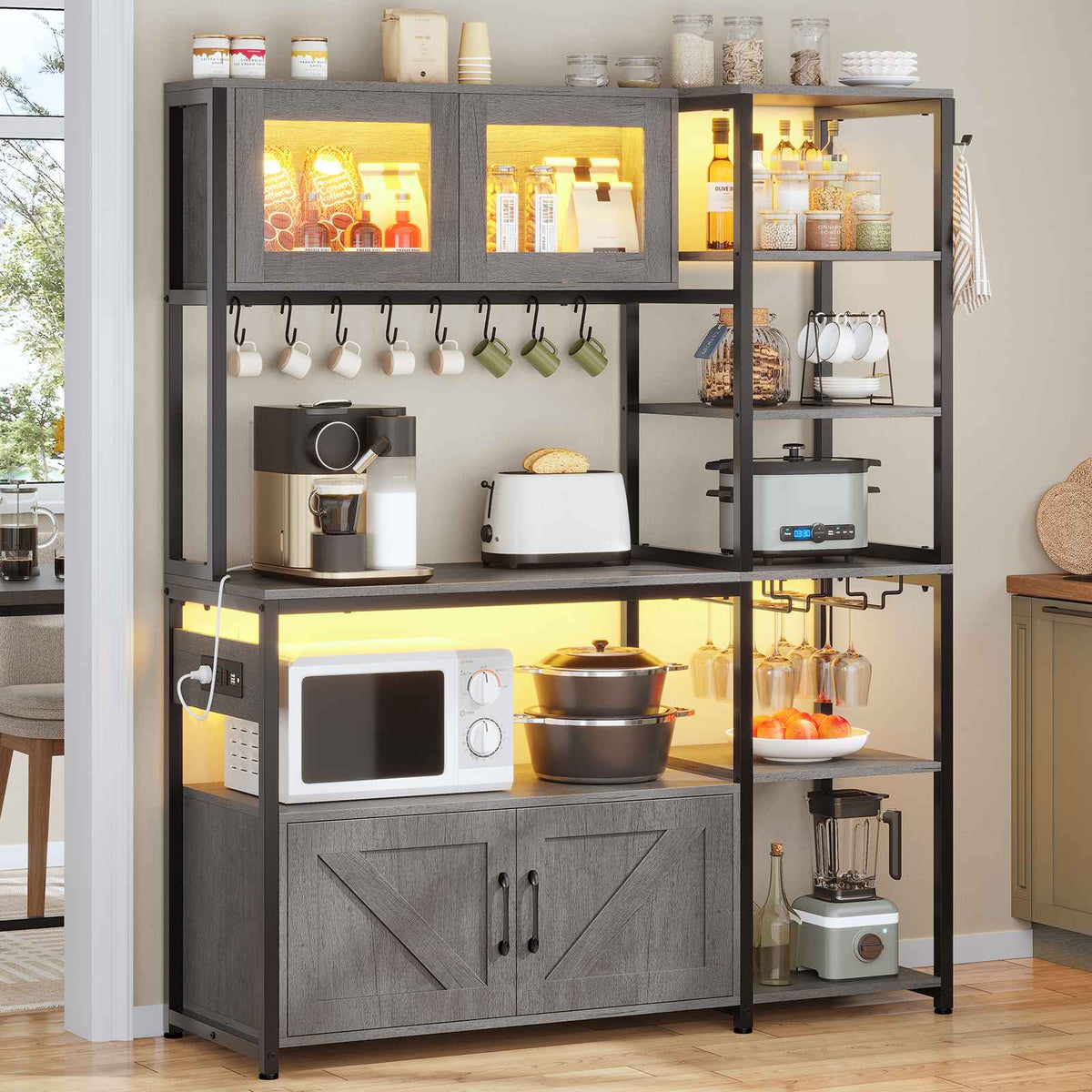 Itaar | Bakers Rack with Power Outlet and LED Light 45.3 Inch Farmhouse Coffee Bar Cabinet Kitchen Microwave Stand with Storage