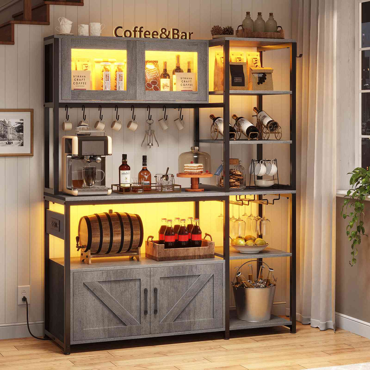 Itaar | Bakers Rack with Power Outlet and LED Light 45.3 Inch Farmhouse Coffee Bar Cabinet Kitchen Microwave Stand with Storage