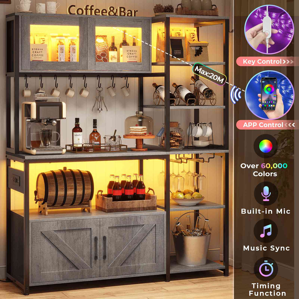 Itaar | Bakers Rack with Power Outlet and LED Light 45.3 Inch Farmhouse Coffee Bar Cabinet Kitchen Microwave Stand with Storage