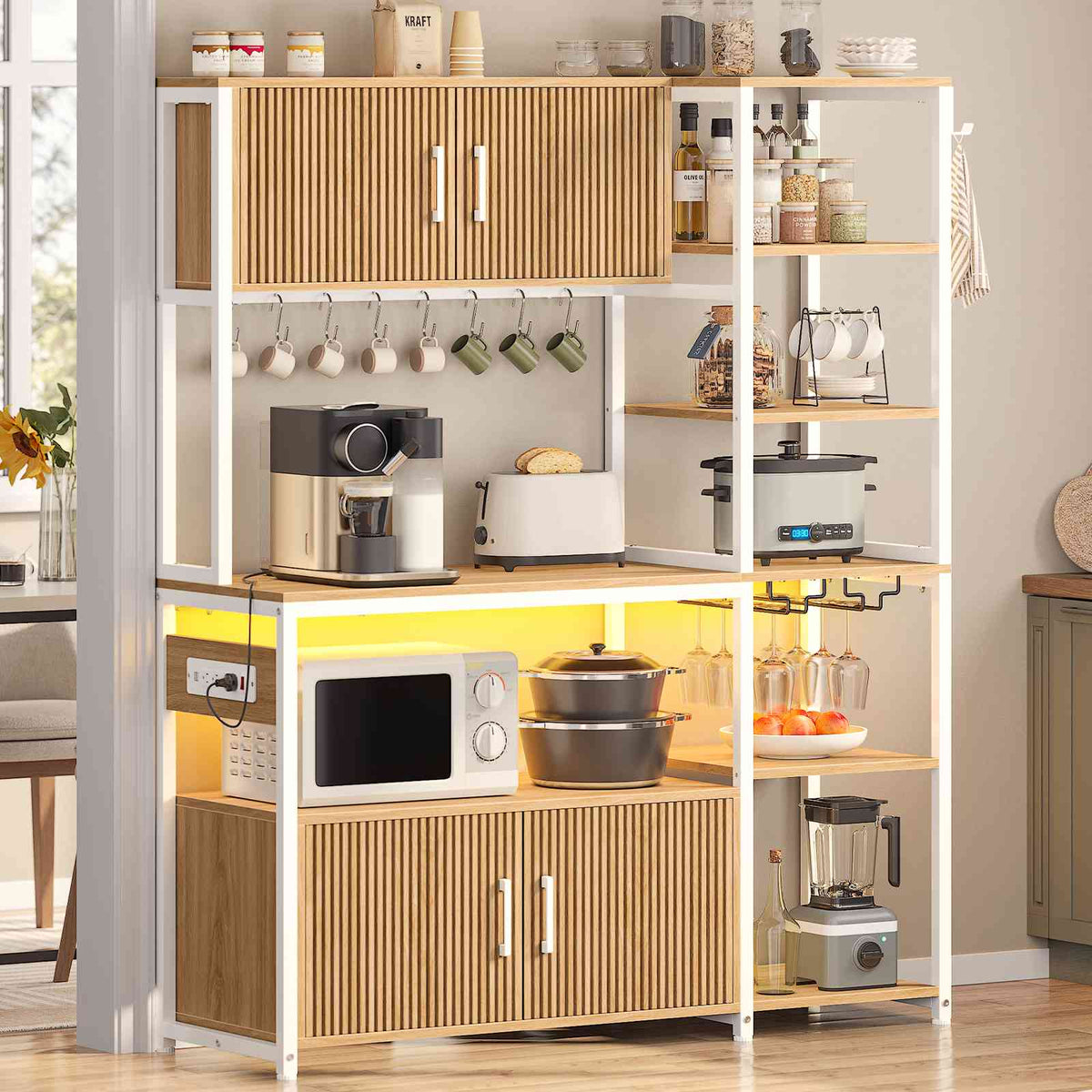 Itaar | Bakers Rack with Power Outlet and LED Light 45.3 Inch Farmhouse Coffee Bar Cabinet Kitchen Microwave Stand with Storage