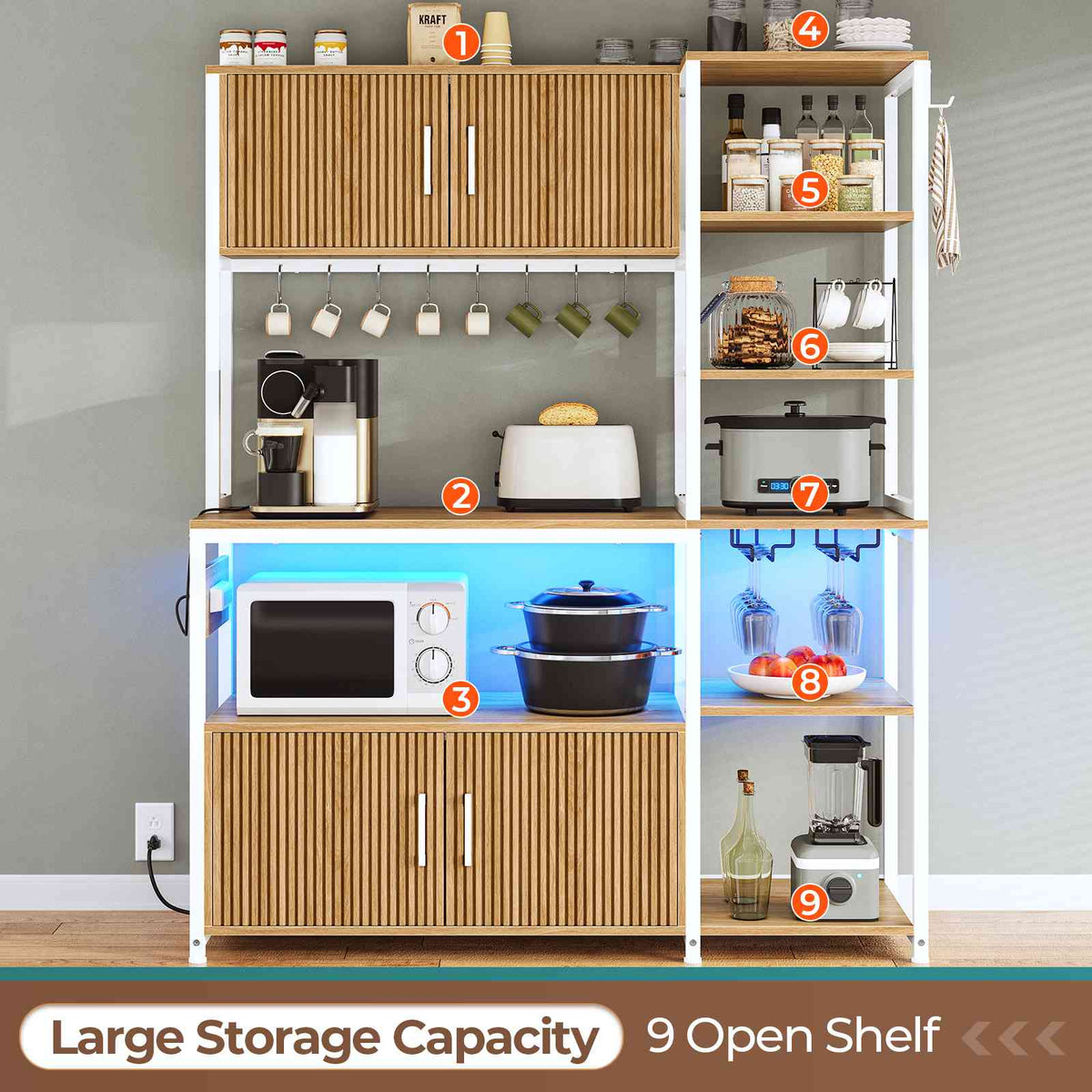 Itaar | Bakers Rack with Power Outlet and LED Light 45.3 Inch Farmhouse Coffee Bar Cabinet Kitchen Microwave Stand with Storage