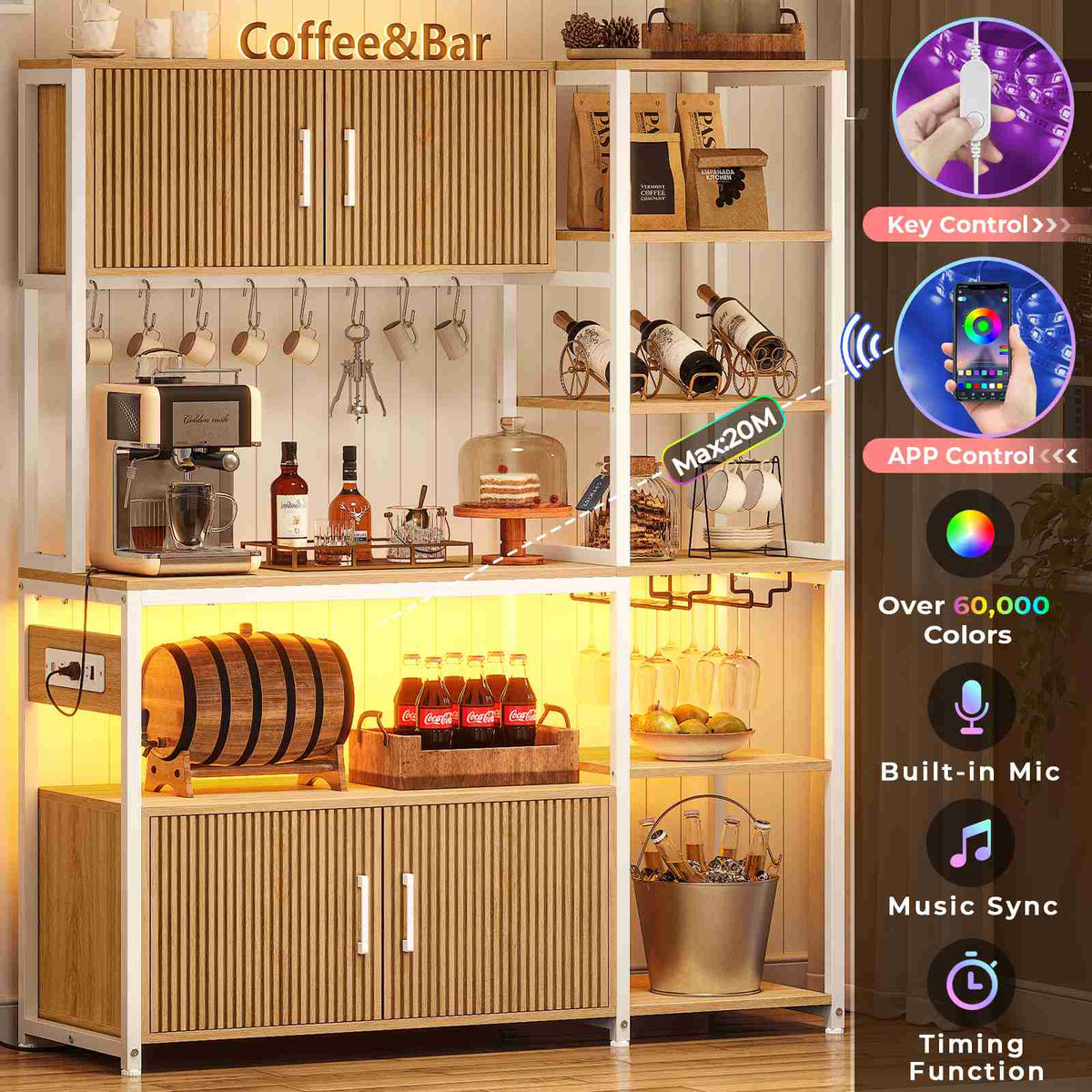 Itaar | Bakers Rack with Power Outlet and LED Light 45.3 Inch Farmhouse Coffee Bar Cabinet Kitchen Microwave Stand with Storage