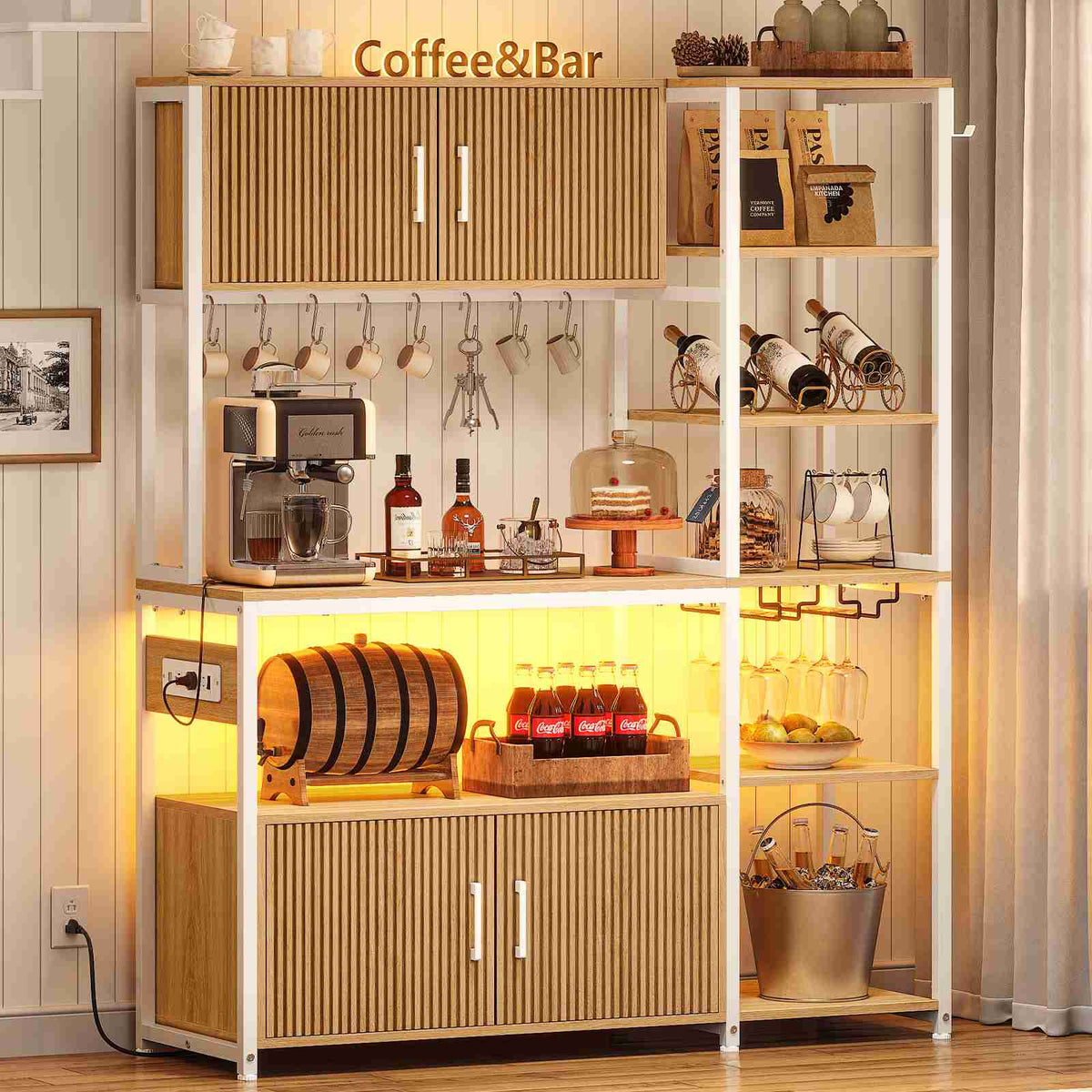 Itaar | Bakers Rack with Power Outlet and LED Light 45.3 Inch Farmhouse Coffee Bar Cabinet Kitchen Microwave Stand with Storage