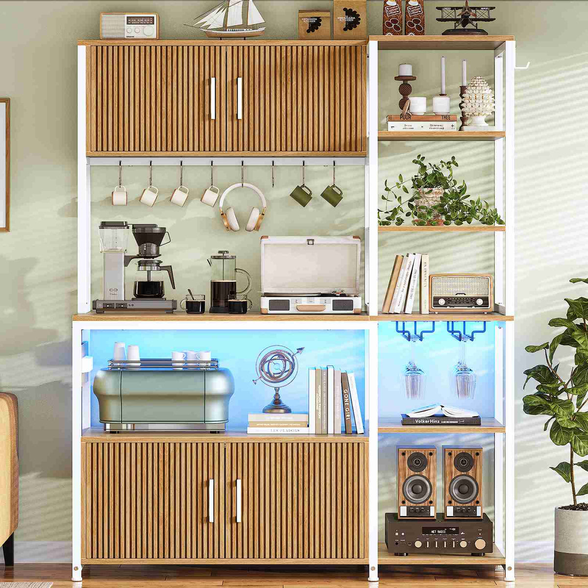Itaar | Bakers Rack with Power Outlet and LED Light 45.3 Inch Farmhouse Coffee Bar Cabinet Kitchen Microwave Stand with Storage