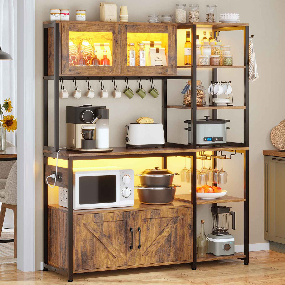 Itaar | Bakers Rack with Power Outlet and LED Light 45.3 Inch Farmhouse Coffee Bar Cabinet Kitchen Microwave Stand with Storage