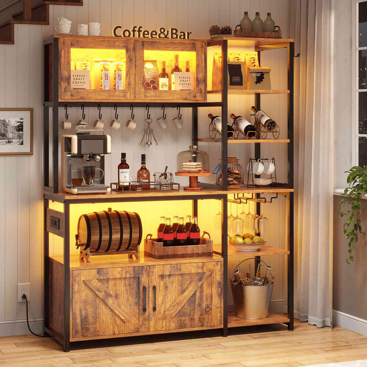 Itaar | Bakers Rack with Power Outlet and LED Light 45.3 Inch Farmhouse Coffee Bar Cabinet Kitchen Microwave Stand with Storage