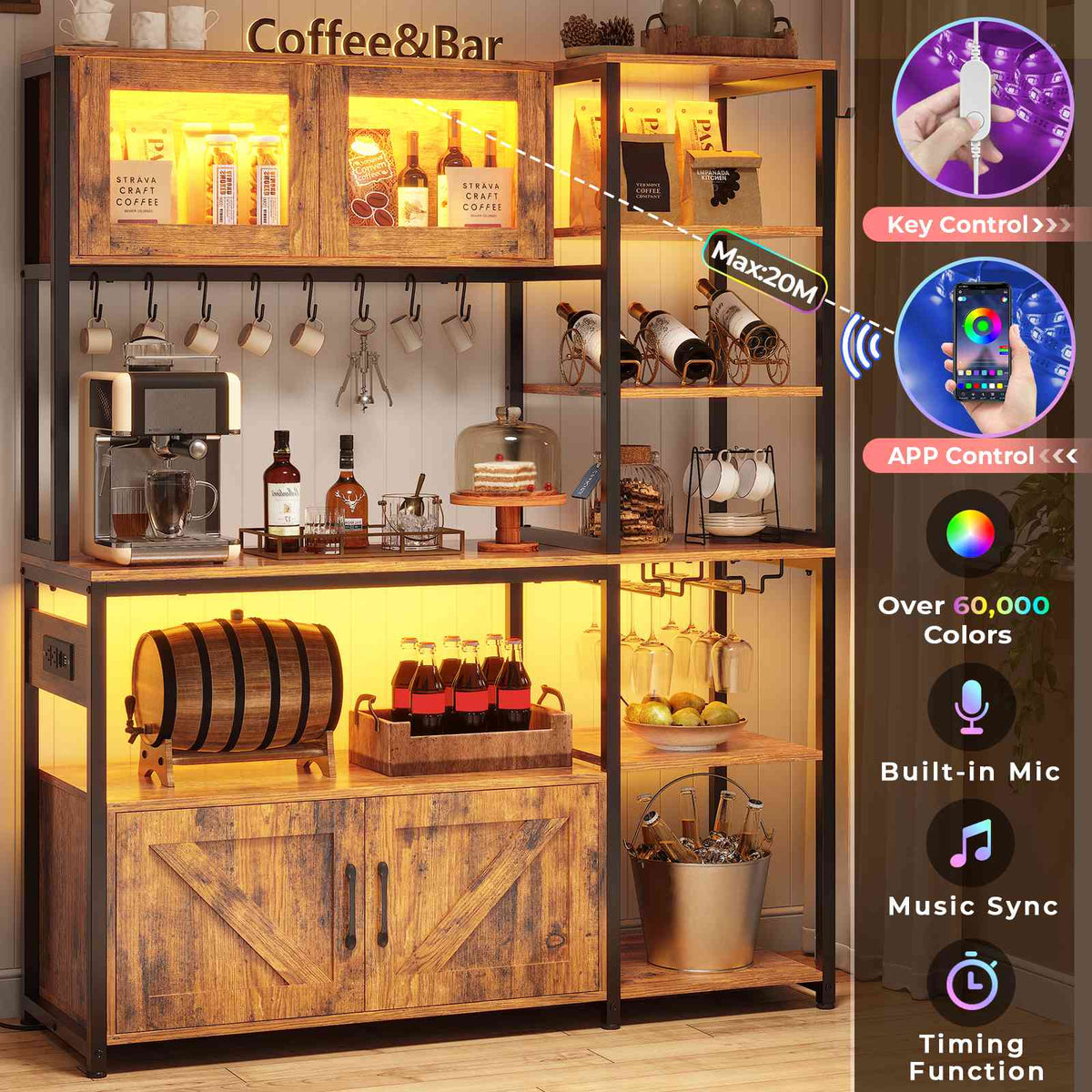 Itaar | Bakers Rack with Power Outlet and LED Light 45.3 Inch Farmhouse Coffee Bar Cabinet Kitchen Microwave Stand with Storage