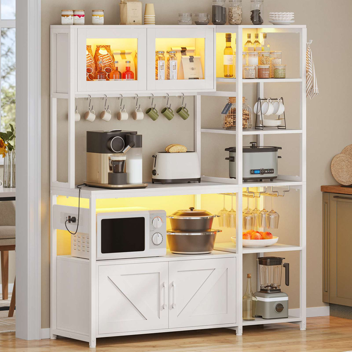 Itaar | Bakers Rack with Power Outlet and LED Light 45.3 Inch Farmhouse Coffee Bar Cabinet Kitchen Microwave Stand with Storage