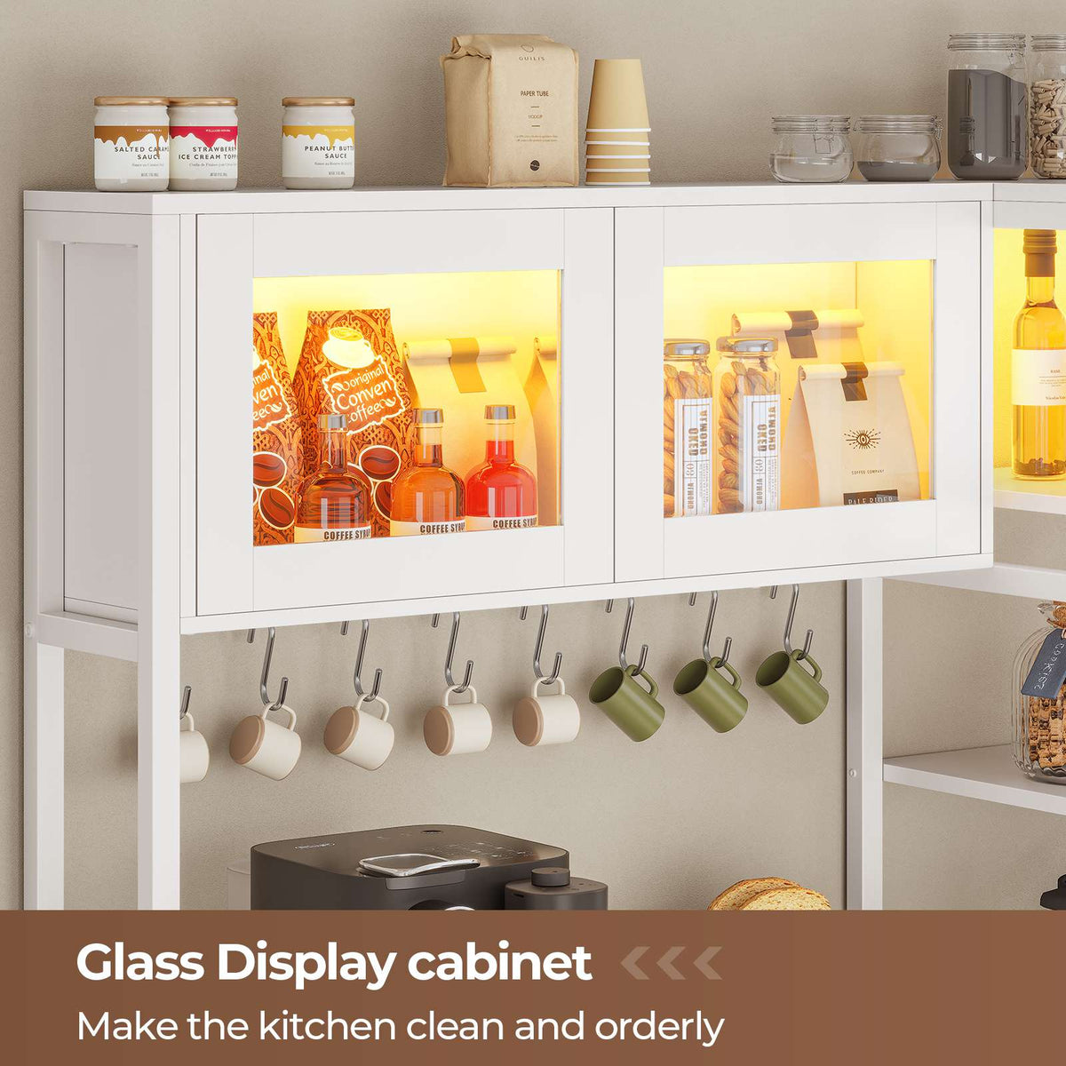 Itaar | Bakers Rack with Power Outlet and LED Light 45.3 Inch Farmhouse Coffee Bar Cabinet Kitchen Microwave Stand with Storage