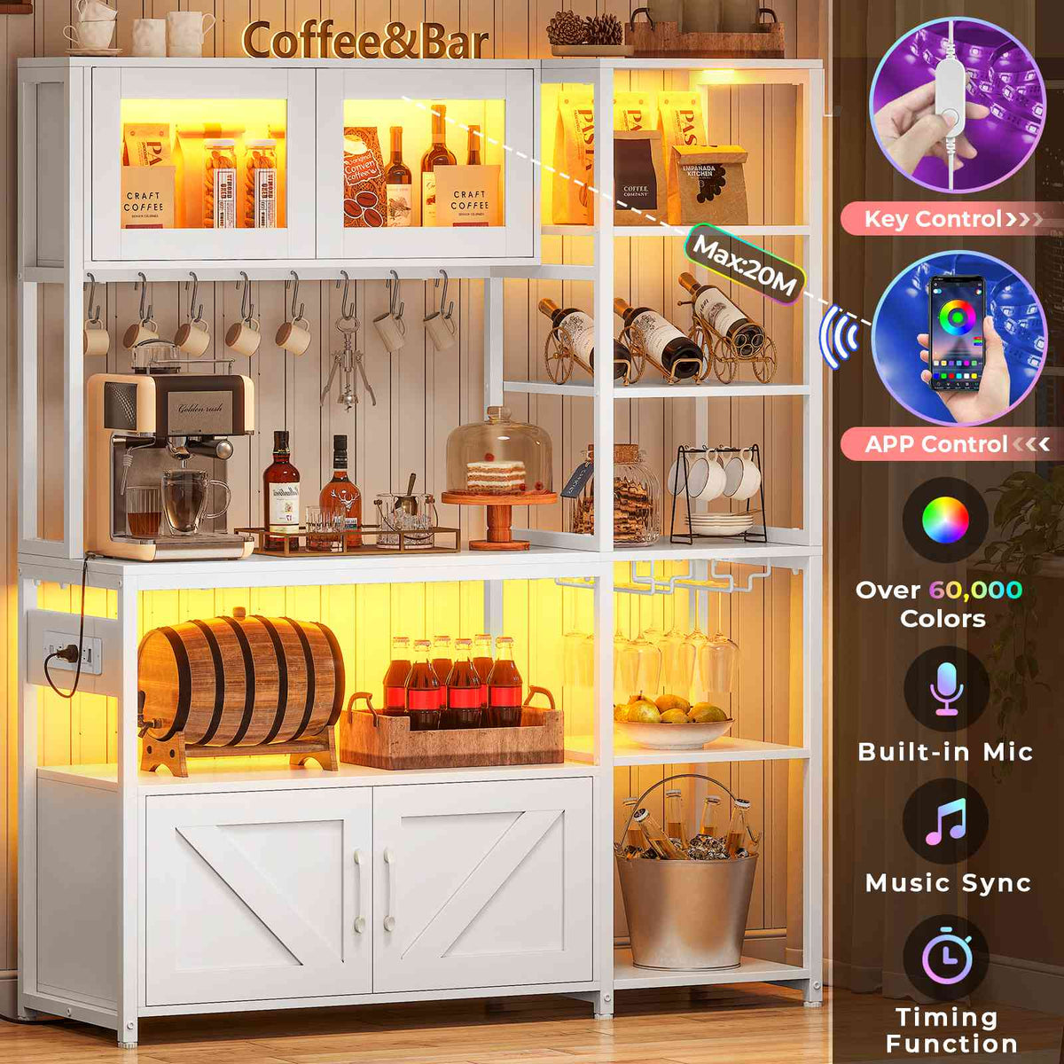 Itaar | Bakers Rack with Power Outlet and LED Light 45.3 Inch Farmhouse Coffee Bar Cabinet Kitchen Microwave Stand with Storage