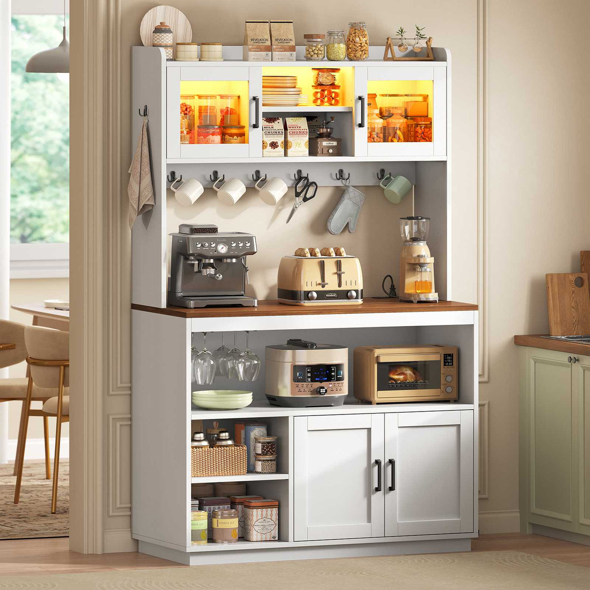 Itaar Bakers Rack with Power Outlet  LED Lights 67.6 Inch Tall Kitchen Pantry Cabinet Glass Display Hutch with Hooks