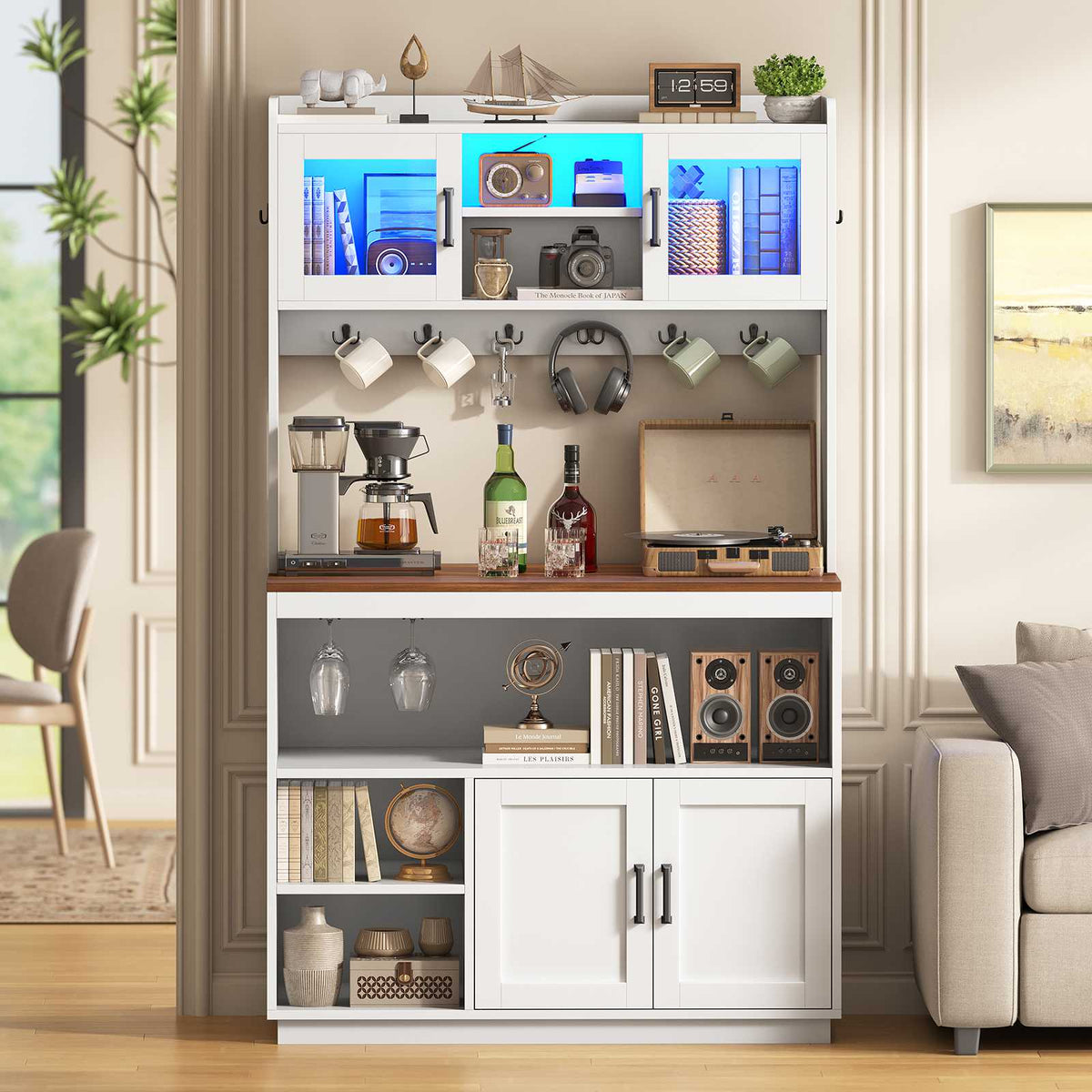 Itaar Bakers Rack with Power Outlet  LED Lights 67.6 Inch Tall Kitchen Pantry Cabinet Glass Display Hutch with Hooks