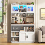 Itaar Bakers Rack with Power Outlet  LED Lights 67.6 Inch Tall Kitchen Pantry Cabinet Glass Display Hutch with Hooks