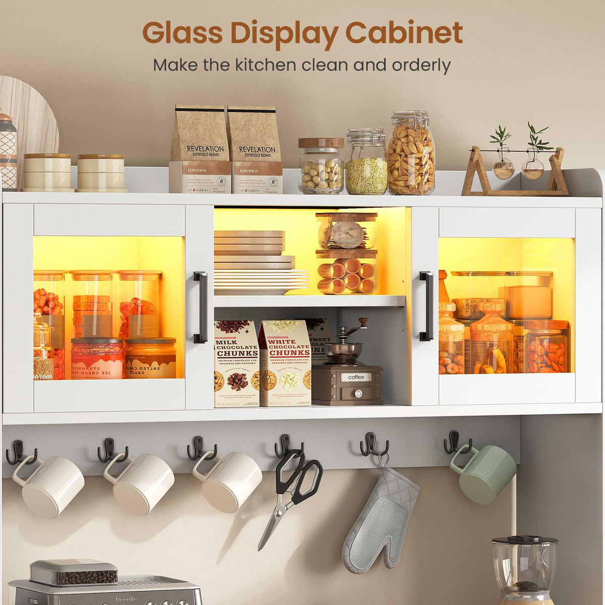 Itaar Bakers Rack with Power Outlet  LED Lights 67.6 Inch Tall Kitchen Pantry Cabinet Glass Display Hutch with Hooks