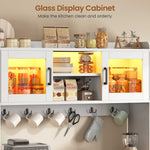 Itaar Bakers Rack with Power Outlet  LED Lights 67.6 Inch Tall Kitchen Pantry Cabinet Glass Display Hutch with Hooks