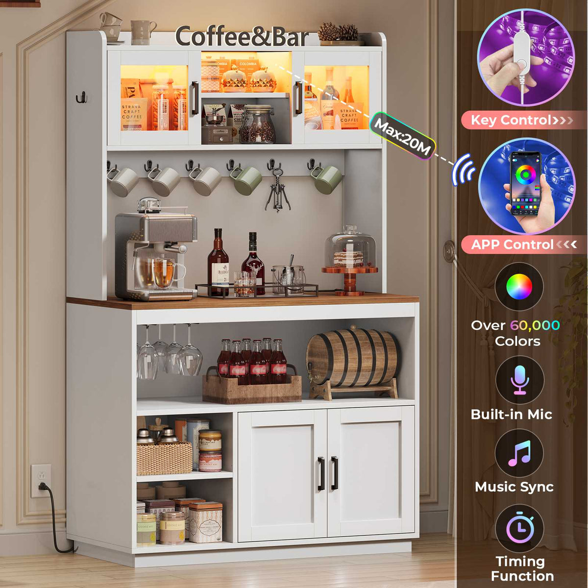 Itaar Bakers Rack with Power Outlet  LED Lights 67.6 Inch Tall Kitchen Pantry Cabinet Glass Display Hutch with Hooks
