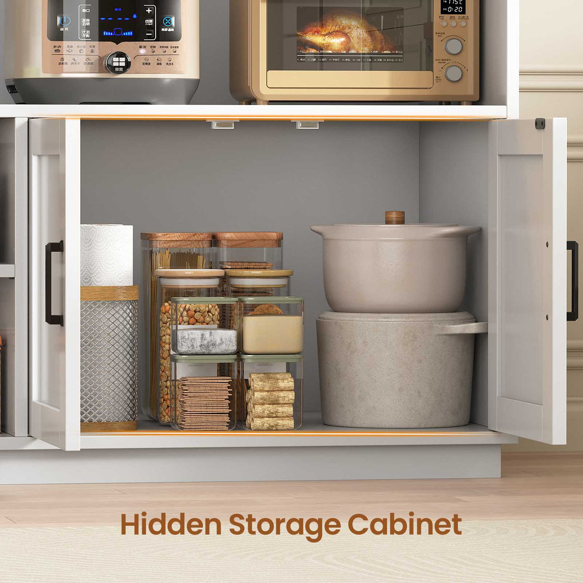 Itaar Bakers Rack with Power Outlet  LED Lights 67.6 Inch Tall Kitchen Pantry Cabinet Glass Display Hutch with Hooks