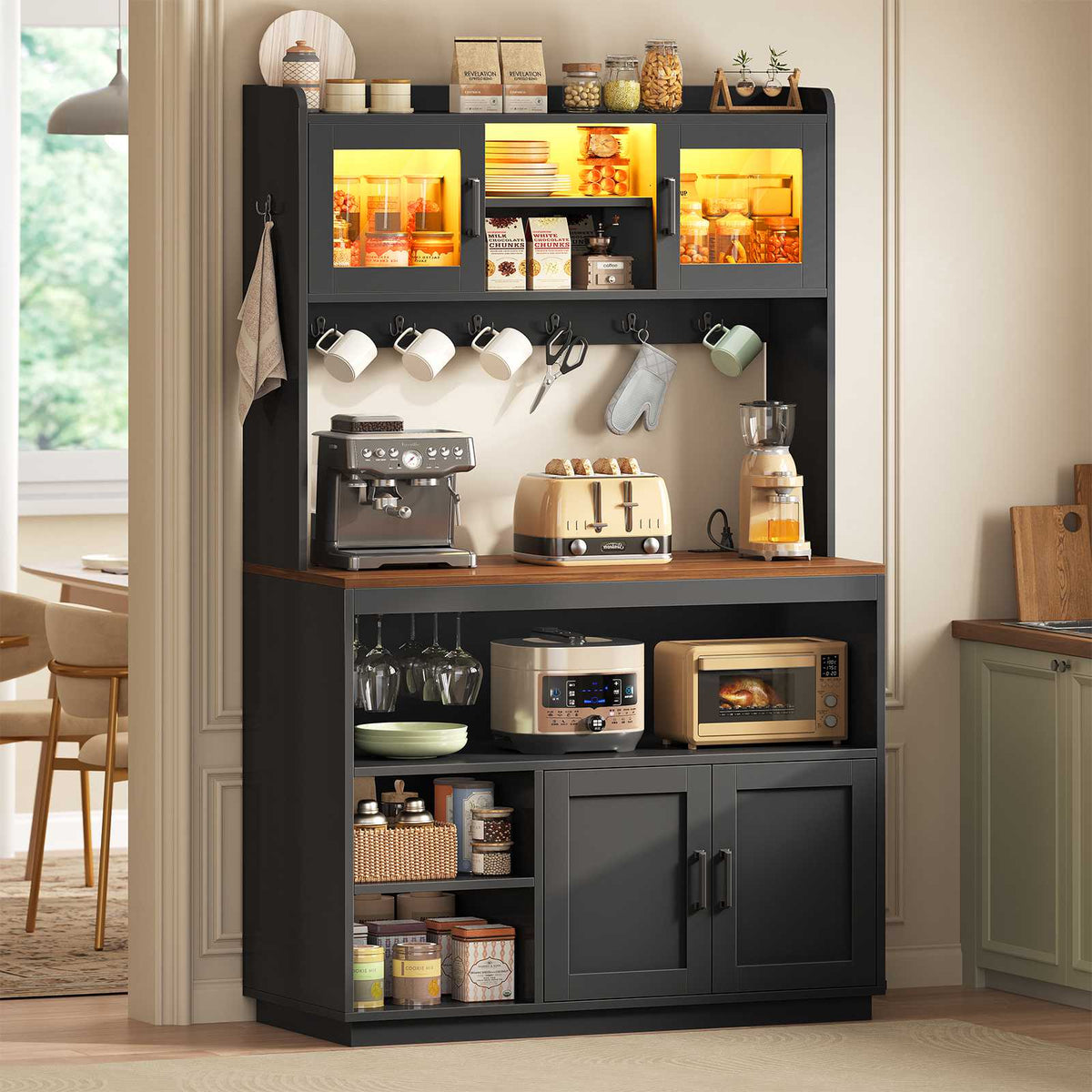 Itaar Bakers Rack with Power Outlet  LED Lights 67.6 Inch Tall Kitchen Pantry Cabinet Glass Display Hutch with Hooks