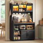Itaar Bakers Rack with Power Outlet  LED Lights 67.6 Inch Tall Kitchen Pantry Cabinet Glass Display Hutch with Hooks