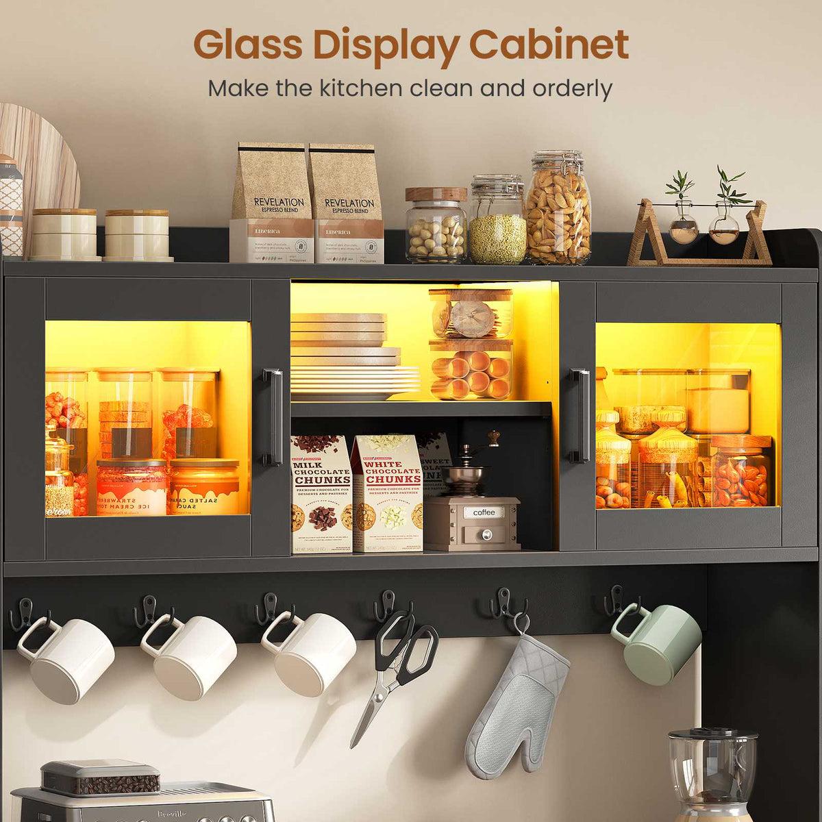 Itaar Bakers Rack with Power Outlet  LED Lights 67.6 Inch Tall Kitchen Pantry Cabinet Glass Display Hutch with Hooks
