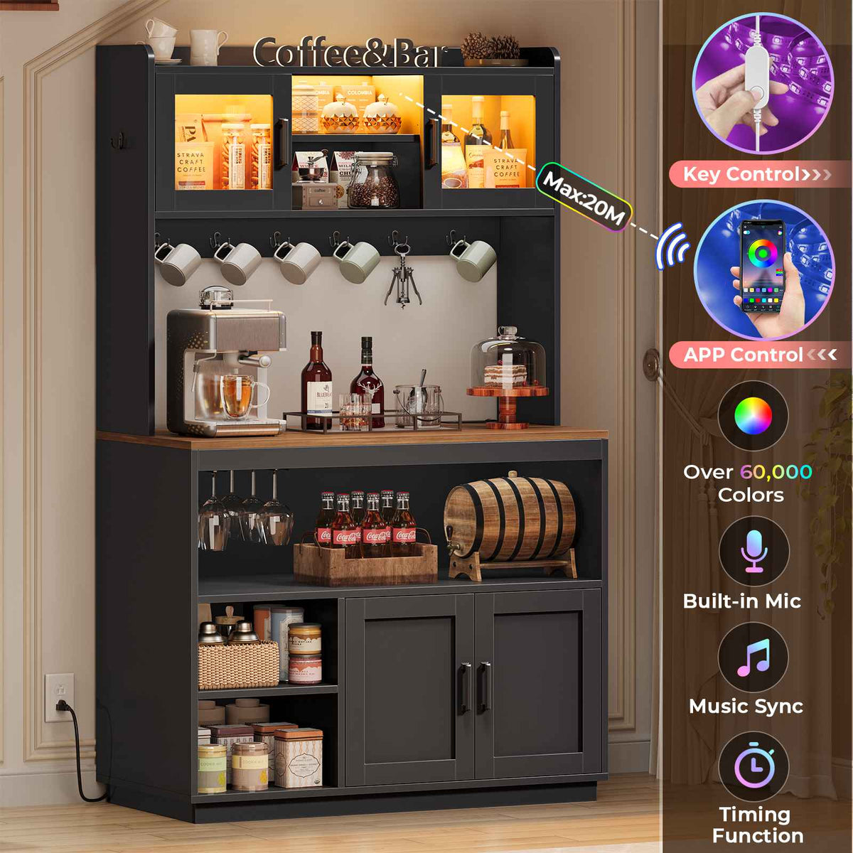 Itaar Bakers Rack with Power Outlet  LED Lights 67.6 Inch Tall Kitchen Pantry Cabinet Glass Display Hutch with Hooks