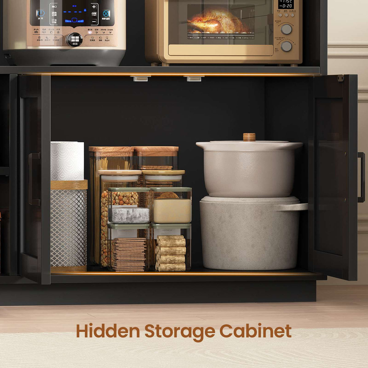 Itaar Bakers Rack with Power Outlet  LED Lights 67.6 Inch Tall Kitchen Pantry Cabinet Glass Display Hutch with Hooks