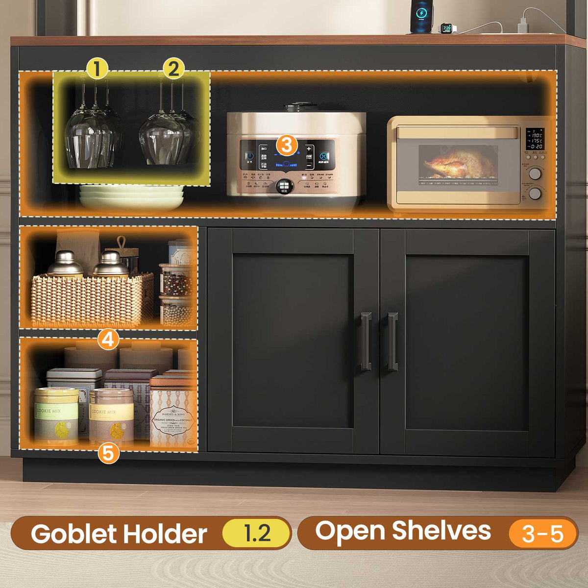 Itaar Bakers Rack with Power Outlet  LED Lights 67.6 Inch Tall Kitchen Pantry Cabinet Glass Display Hutch with Hooks