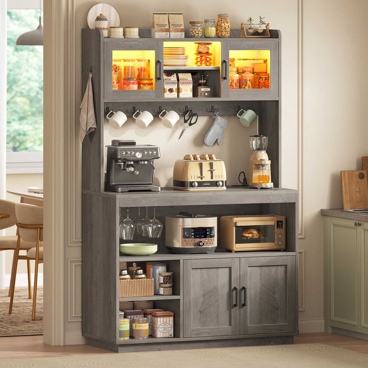 Itaar Bakers Rack with Power Outlet  LED Lights 67.6 Inch Tall Kitchen Pantry Cabinet Glass Display Hutch with Hooks