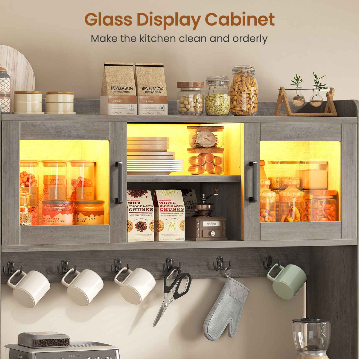 Itaar Bakers Rack with Power Outlet  LED Lights 67.6 Inch Tall Kitchen Pantry Cabinet Glass Display Hutch with Hooks