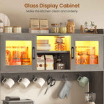 Itaar Bakers Rack with Power Outlet  LED Lights 67.6 Inch Tall Kitchen Pantry Cabinet Glass Display Hutch with Hooks