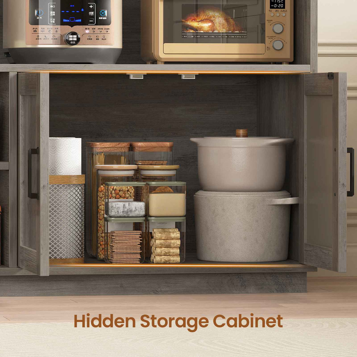 Itaar Bakers Rack with Power Outlet  LED Lights 67.6 Inch Tall Kitchen Pantry Cabinet Glass Display Hutch with Hooks