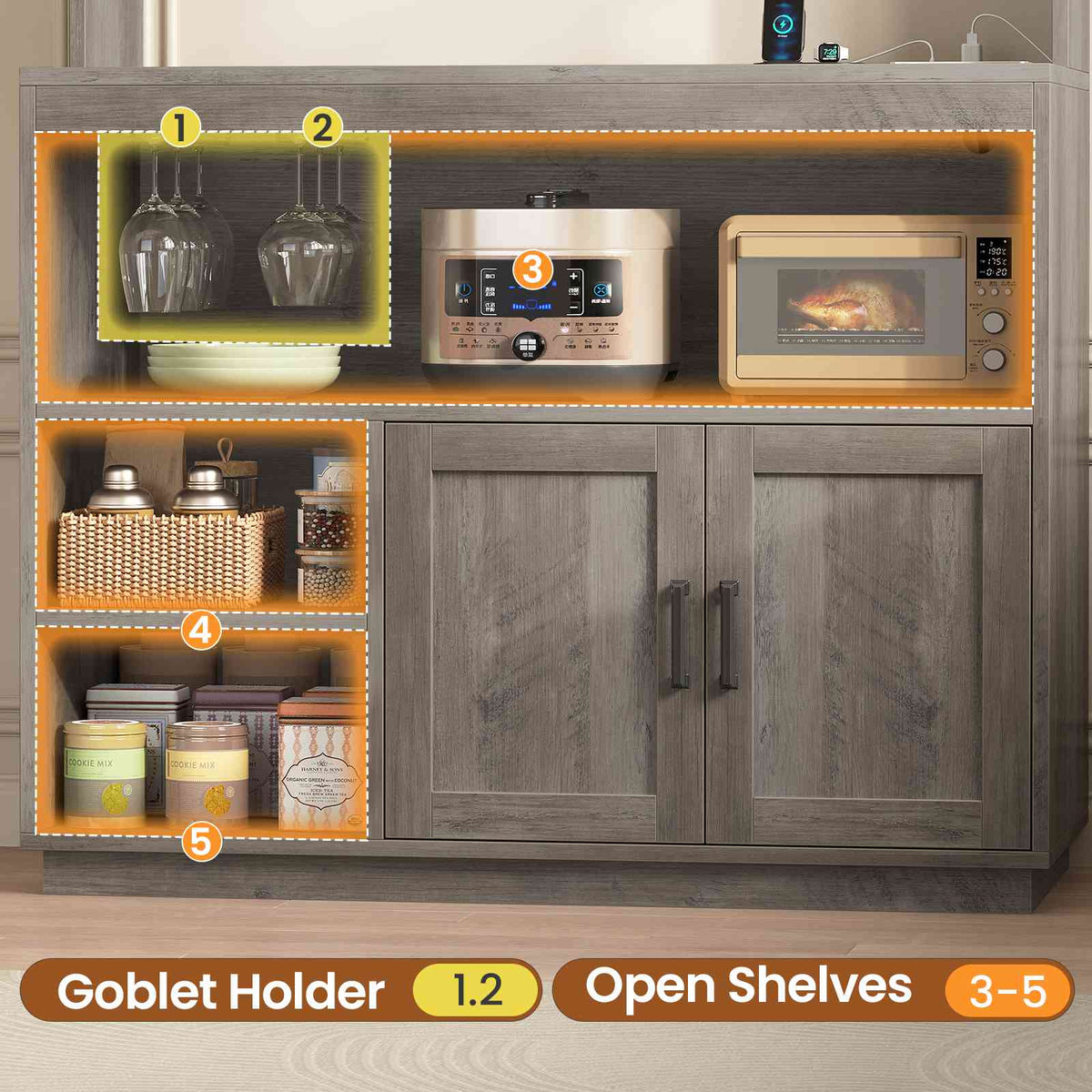 Itaar Bakers Rack with Power Outlet  LED Lights 67.6 Inch Tall Kitchen Pantry Cabinet Glass Display Hutch with Hooks